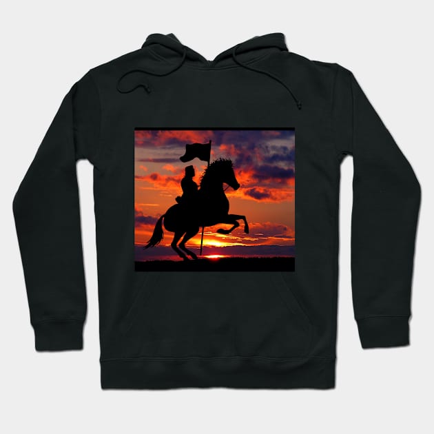 Knight riding on horse at night during sunset Hoodie by Blue Butterfly Designs 